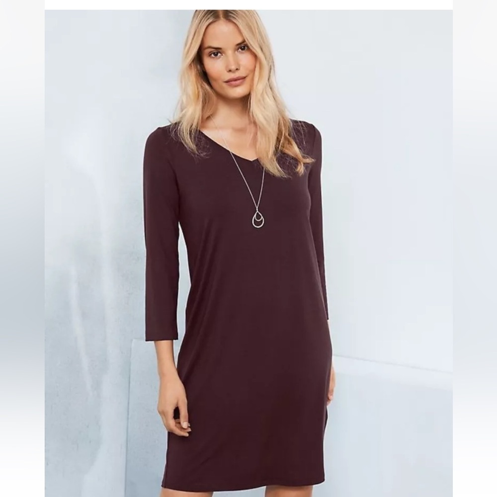 EILEEN FISHER Viscose Jersey Three Quarter Sleeve V-Neck Dress‎ Taupe Medium